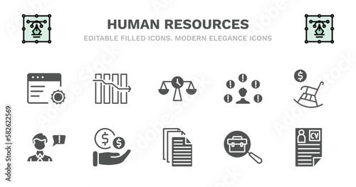 set of human resources filled icons. human resources glyph icons such as attrition, time balance, problems, pension, grievance, grievance, salary, files, job, curriculum vitae vector.
