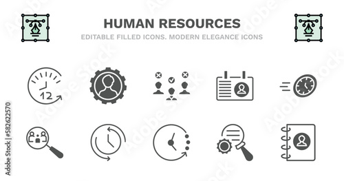 set of human resources filled icons. human resources glyph icons such as skills, selection process, personal profile, urgent, hiring, hiring, time, timing, due diligence, contact vector.