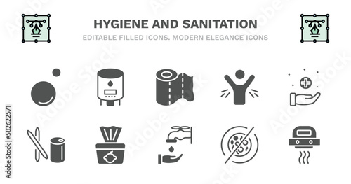 set of hygiene and sanitation filled icons. hygiene and sanitation glyph icons such as water heater, paper towel, body odour, sanitary, toothpick, toothpick, baby wipe, ablution, antibacterial, hand