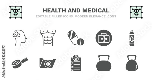 set of health and medical filled icons. health and medical glyph icons such as abs, contraceptive pills, medical, punching bag, measure tape, measure tape, records, checklist, kettlebell, dumbbell