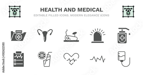set of health and medical filled icons. health and medical glyph icons such as gynecology, stationary bike, emergency, desinfectant, medical result, result, orange juice, beat, pulse, drip vector.