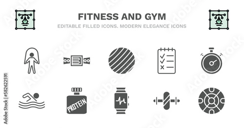 set of fitness and gym filled icons. fitness and gym glyph icons such as athletic strap, gymnastic ball, to do list, big stopwatch, man swimming, man swimming, protein, fitness watch, gymnastic