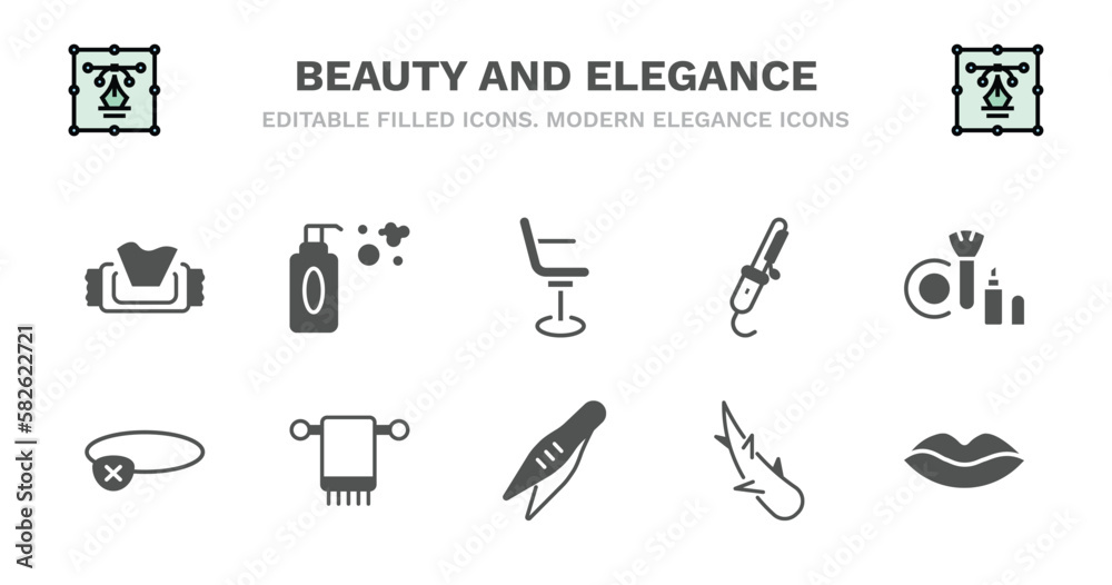 set of beauty and elegance filled icons. beauty and elegance glyph icons such as shampoo bottle, beauty salon chair, curler, make up, eye patch, eye patch, folded towel, tweezers, aloe vera, lips