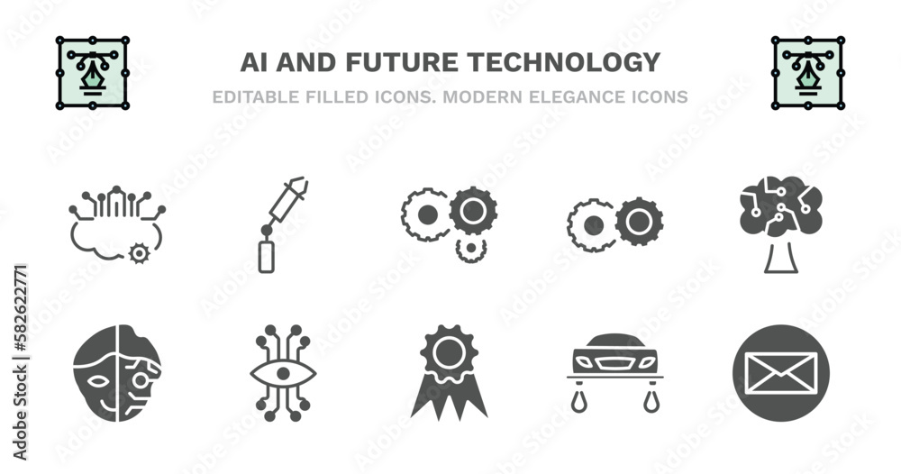 set of ai and future technology filled icons. ai and future technology glyph icons such as bionic arm, processing, hine, technology tree, cyborg, cyborg, bionic eye, recognition, hover transport,