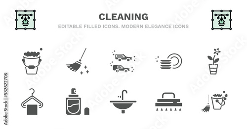 set of cleaning filled icons. cleaning glyph icons such as broom cleanin, clean cars, clean dishes, rose cleanin, hanger cleanin, hanger perfume sink, wiping brush, mop vector.