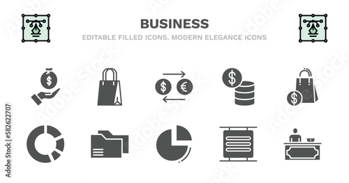 set of business filled icons. business glyph icons such as supermarket bag, currency exchange, dollar coins stack, shopping bags, pie chart statistics, pie chart statistics, two folders, pie