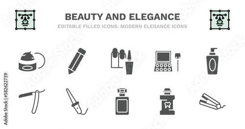 set of beauty and elegance filled icons. beauty and elegance glyph icons such as pencils, manicure, eye shadow, liquid makeup, straight razor, straight razor, curlers, french perfume, mouthwash,
