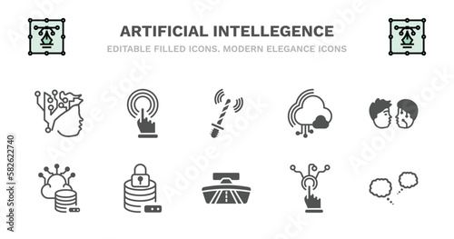 set of artificial intellegence filled icons. artificial intellegence glyph icons such as touch screen, ar wand, cloud computing, turing test, storage, storage, data security, rearview mirror,