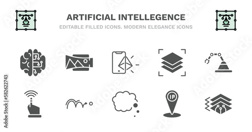 set of artificial intellegence filled icons. artificial intellegence glyph icons such as panorama, ar, layers, mechanical arm, finger control, finger control, motion, thought, ip, depth perception