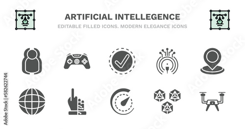 set of artificial intellegence filled icons. artificial intellegence glyph icons such as game control, available, telepresence, geolocation, , bionic, velocity, hexagons, drone