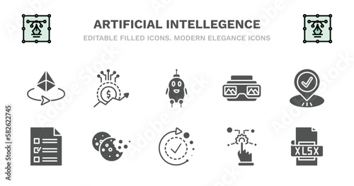 set of artificial intellegence filled icons. artificial intellegence glyph icons such as value, robot, stereoscope, visit, survey, survey, cookies, availability, control, xlsx vector.