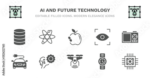 set of ai and future technology filled icons. ai and future technology glyph icons such as science, synthetic food, eye tracking, nano sensor, solar energy car, solar energy car, unsupervised