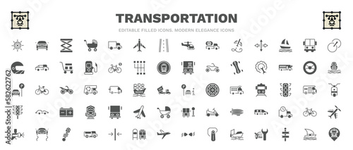 set of transportation filled icons. transportation glyph icons such as ship wheel, lifter, transition, repair, parking men, public transportation, stability, sailing boat, tram stop vector.