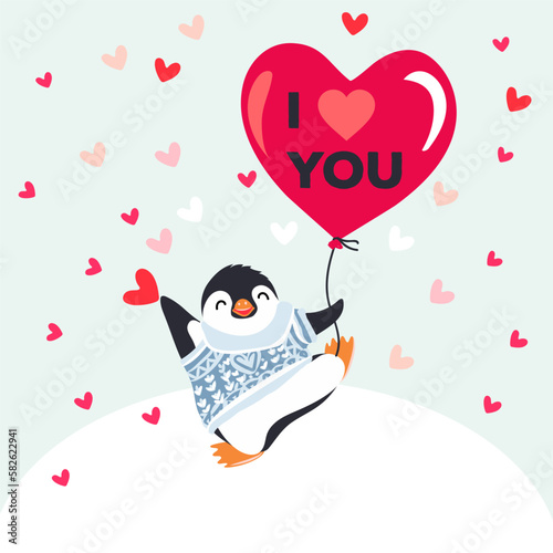 Cute vector illustration with penguin holding heart