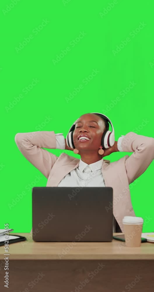 Black woman, laptop and music headphones on green screen to relax with smile. Business female entrepreneur with internet for education and finish work with Internet, happiness and hands behind head Black woman, laptop and music headphones on green screen to relax with smile. Business female entrepreneur with internet for education and finish work with Internet, happiness and hands behind head