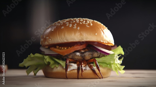 Bug or a cockroach hidden inside a burger. Unhygenic. Food safety. Generative AI.
