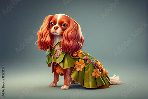 Cavalier king charles spaniel dog, dog animal wear spring easter dress fashion generative ai © feydesign