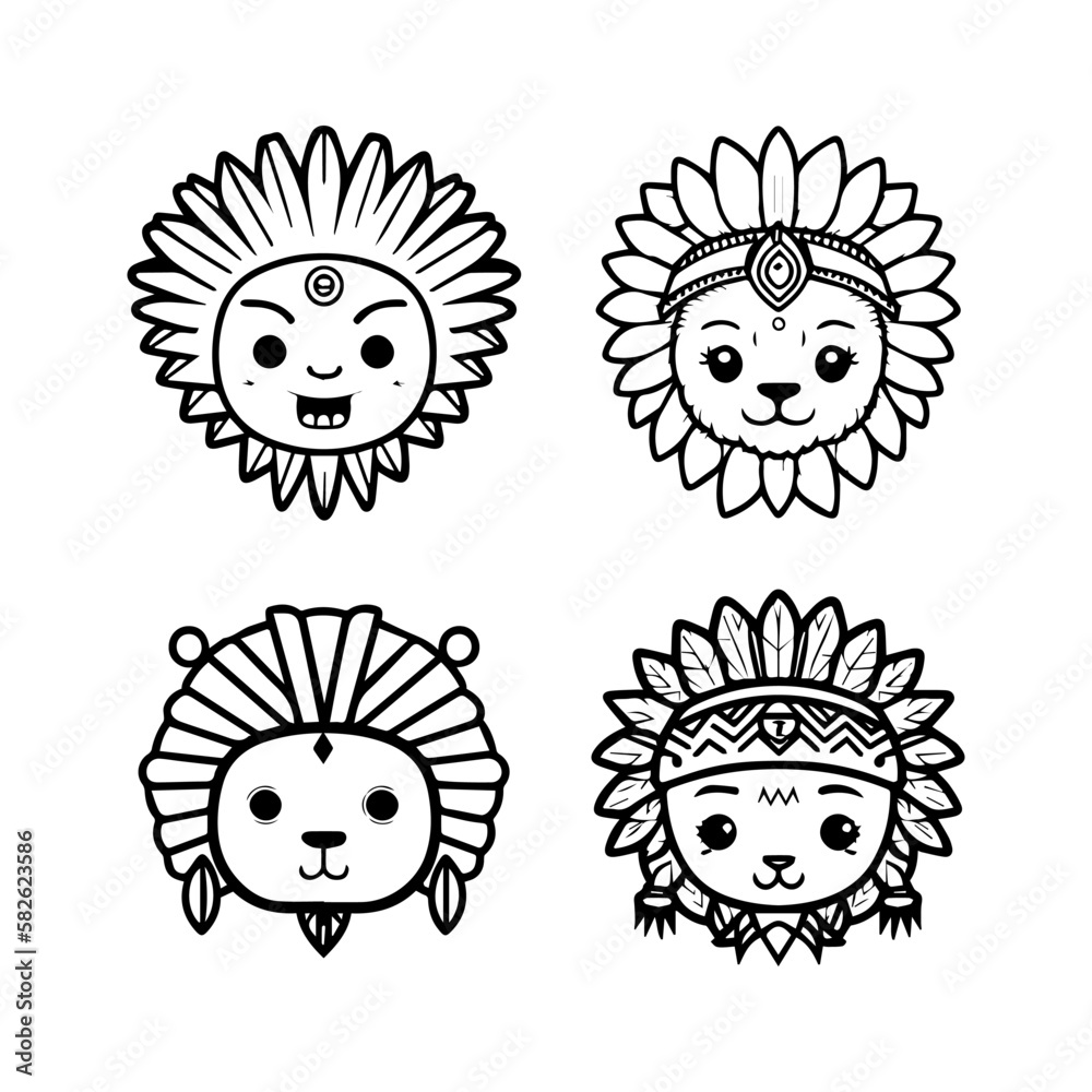 cute kawaii lion head wearing indian chief accessories collection set