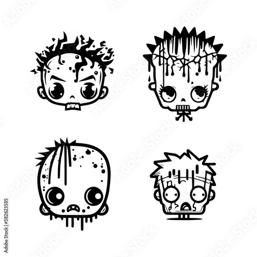 cute kawaii zombie head collection set hand drawn illustration