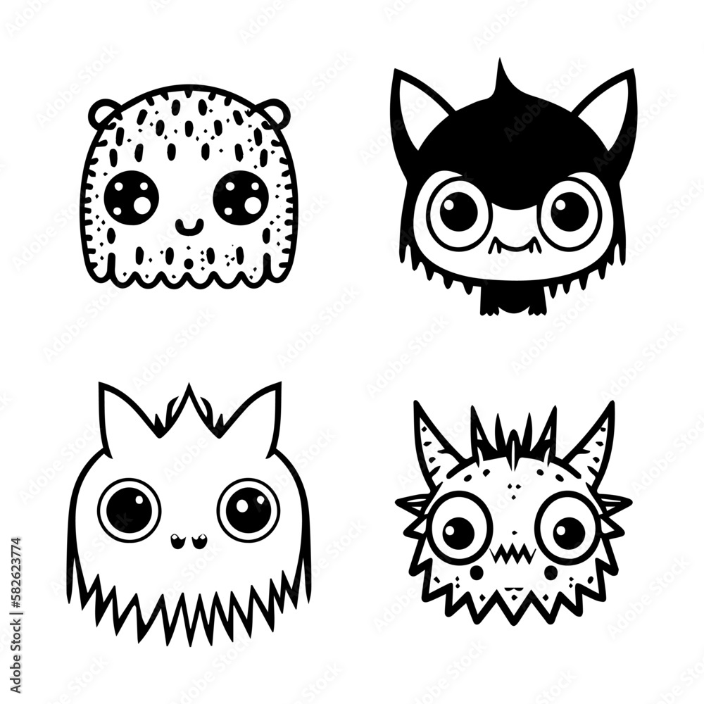 cute anime monster collection set hand drawn line art illustration