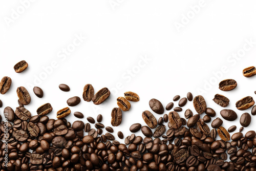 Roasted coffee beans on white background with copy space. Created with Generative AI Technology © dewaai