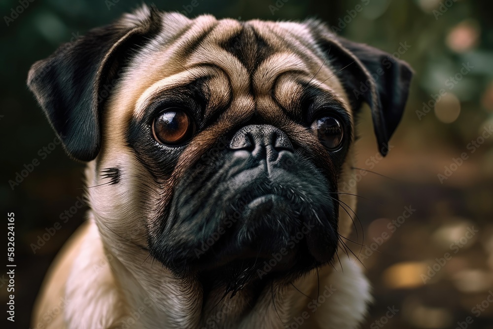 Pug Dog Looking At Camera In Very Close Up Headshot With Huge Brown Eyes, Mops. Generative AI