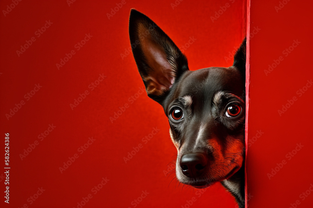 Cute Dog Peeks Cautiously Around A Corner On Red Background, Generative Ai