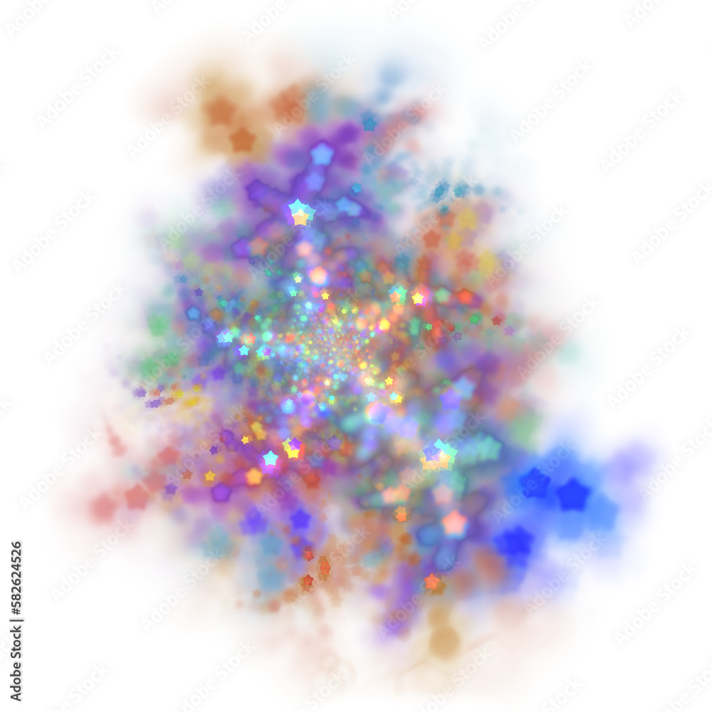 Colorful confetti stars with depth of field effect. Magic, fantasy or celebration. Abstract fractal art. PNG format with transparent background.