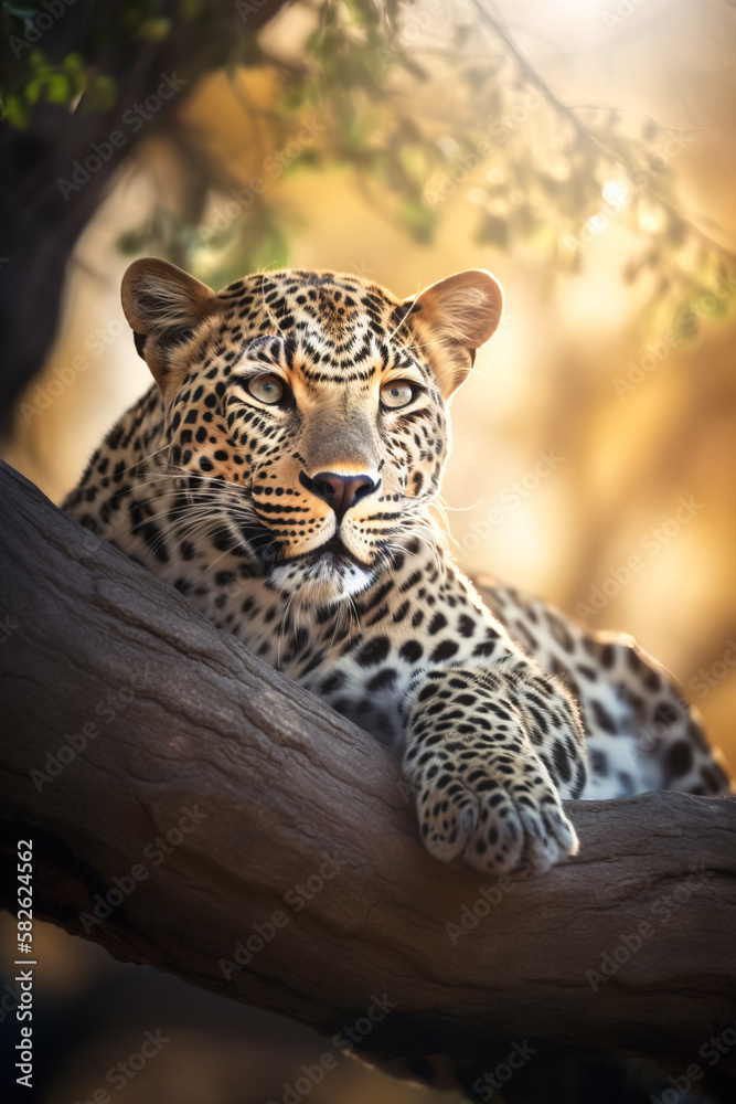 Leopard Resting on Tree Branch in Natural Habitat, National Geographic Wildlife Photography, Generative AI Leopard Resting on Tree Branch in Natural Habitat, National Geographic Wildlife Photography, Generative AI