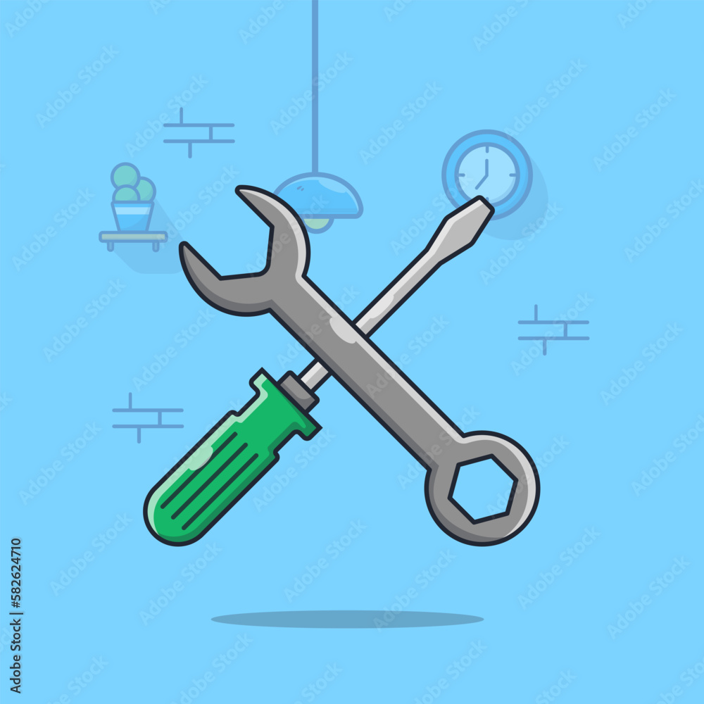 Workshop key and screwdriver illustration for construction work cartoon icon symbol Workshop key and screwdriver illustration for construction work cartoon icon symbol