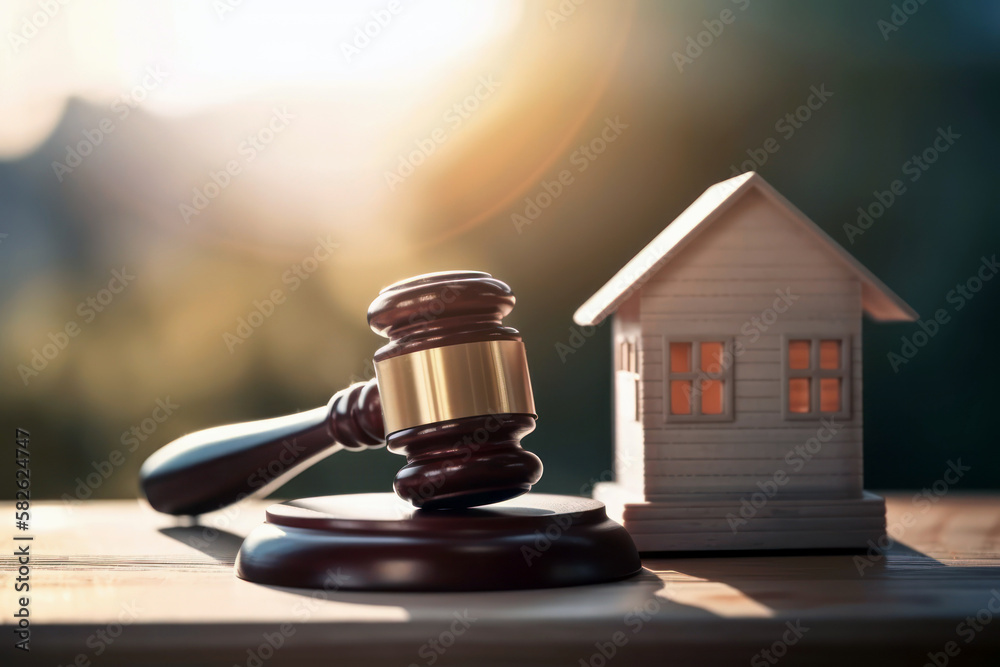 Law and property concept. Judge gavel and house model on wooden table. Generative AI Law and property concept. Judge gavel and house model on wooden table. Generative AI