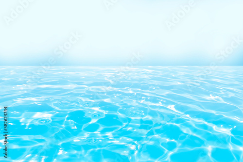 Defocus blurred transparent blue colored clear calm water surface texture with splashes and bubbles. Trendy abstract nature background. Water waves in sunlight with copy space. Blue water shine