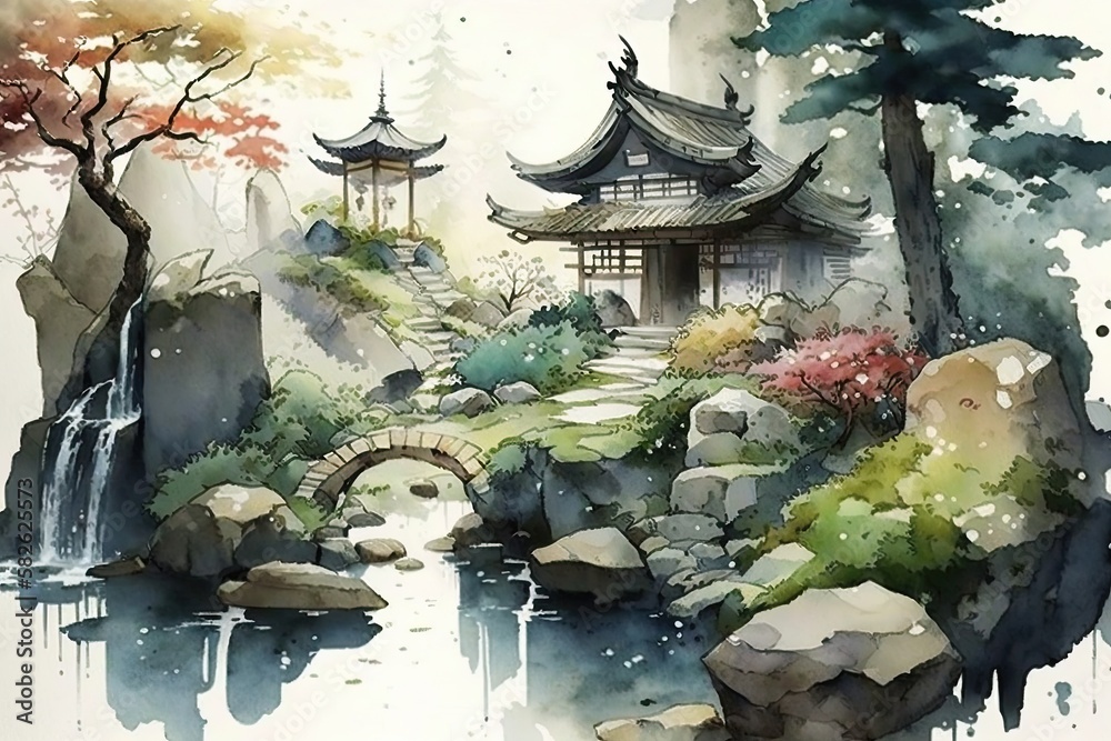 japanese landscape in watercolor with a fairy garden, ink