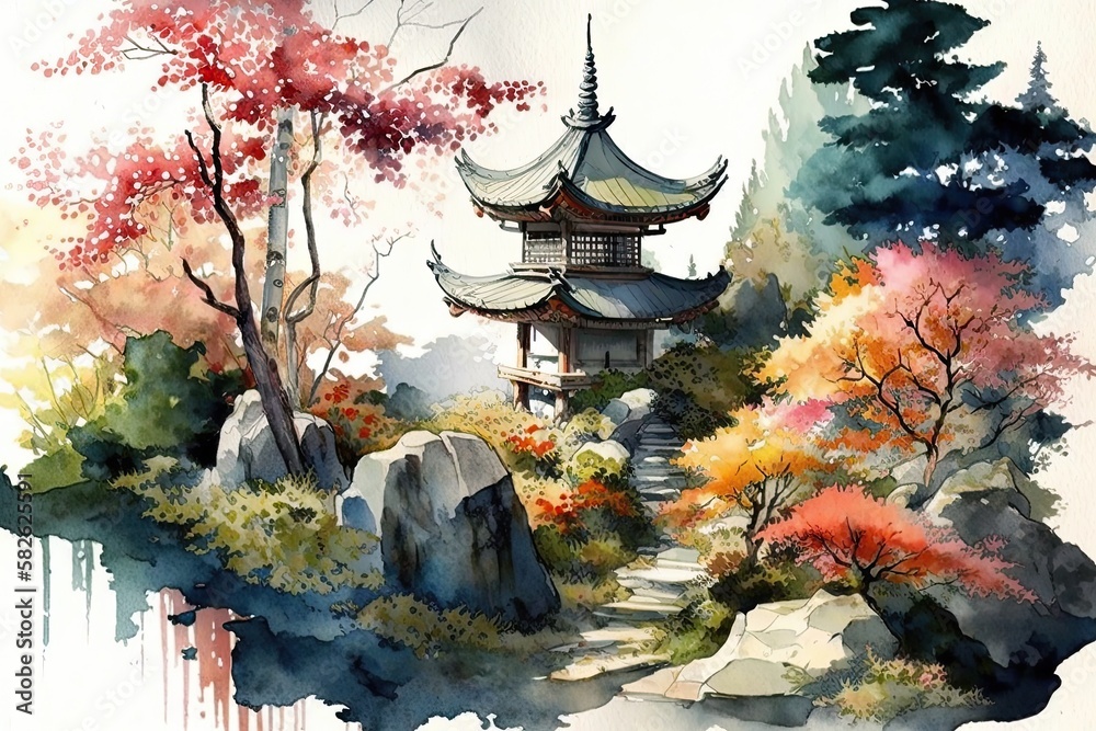 japanese landscape in watercolor with a fairy garden, ink landscape  painting created digitally Generative AI Stock Illustration