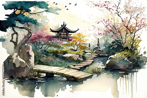 japanese landscape in watercolor with a fairy garden  ink landscape painting created digitally Generative AI