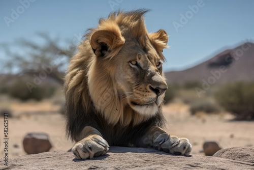 A lion displaying its dignity by bowing. He bowed since he was approaching a stone. Generative AI