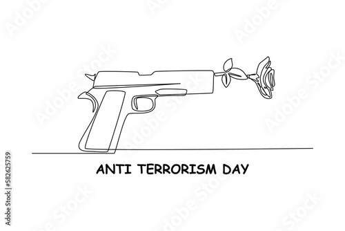Single one-line drawing flower at the end of a gun. Anti-terrorism day concept continuous line draw design graphic vector illustration