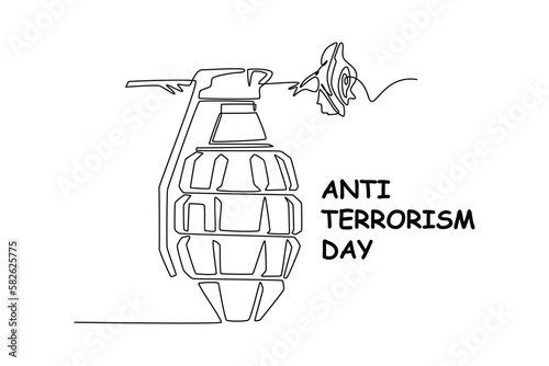 Single one-line drawing grenades with flowers on it. Anti-terrorism day concept continuous line draw design graphic vector illustration
