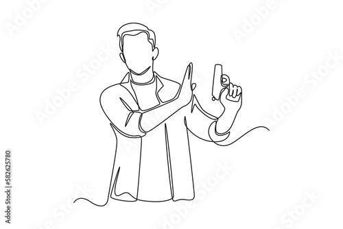 Single one-line drawing of a man showing a stop at a gun. Anti-terrorism day concept continuous line draw design graphic vector illustration