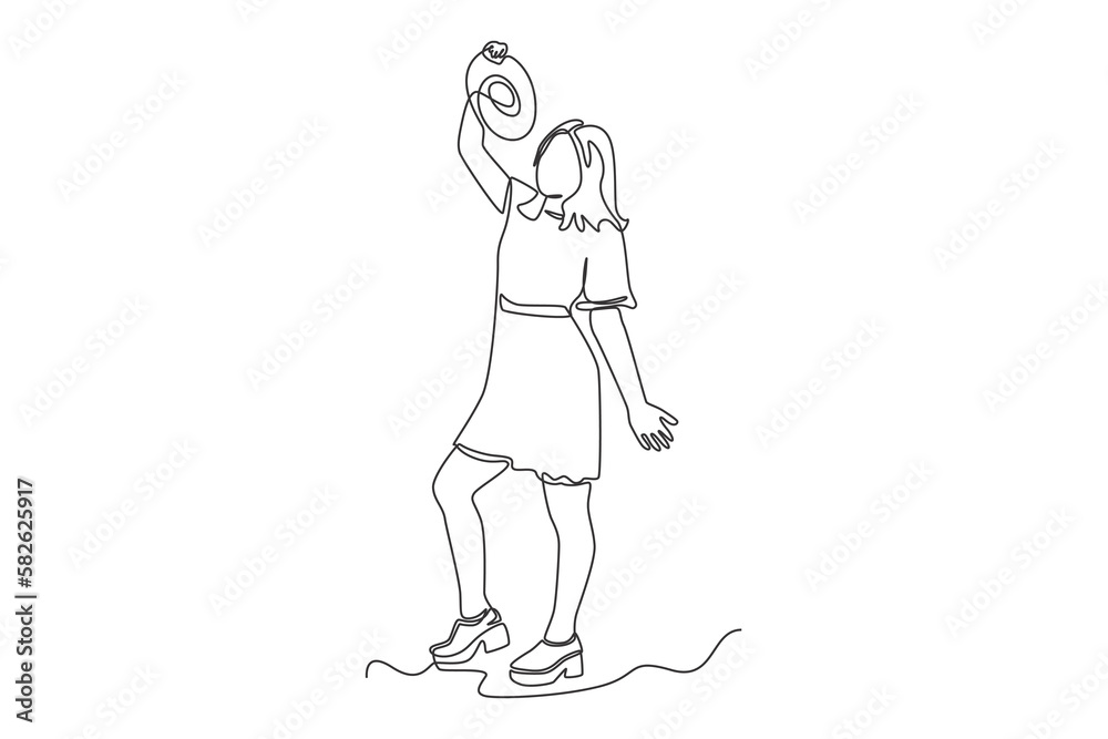 Continuous one-line drawing of a woman holding up a 70s vinyl record. 70s style concept single line draws design graphic vector illustration