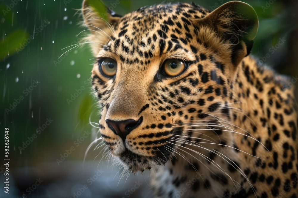 Obraz premium Close up of a juvenile, stunning leopard in a wet jungle. Generative AI