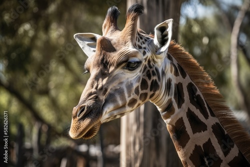 Giraffe up close, at the zoo, looking lonely. Generative AI © AkuAku