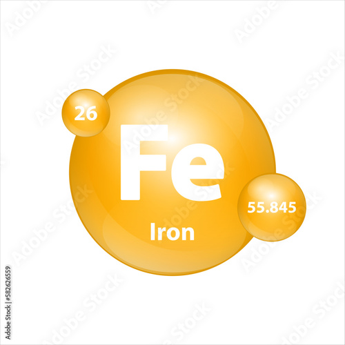 Ferrum (Fe) icon structure chemical element round shape circle yellow dark. Chemical element of periodic table Sign with atomic number. Study in science for education. 3D Illustration vector.