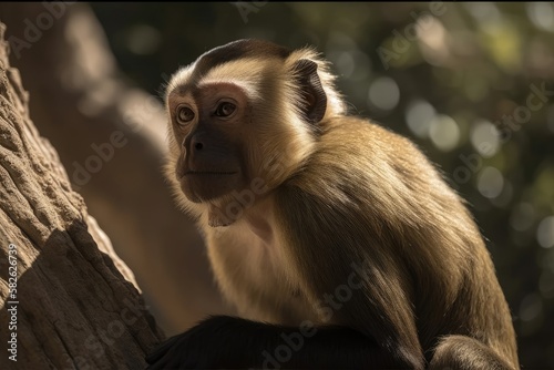 Chlorocebus sabaeus, a green capuchin monkey, resting and surveying its surroundings in a zoo in Spain. Spain. Generative AI photo
