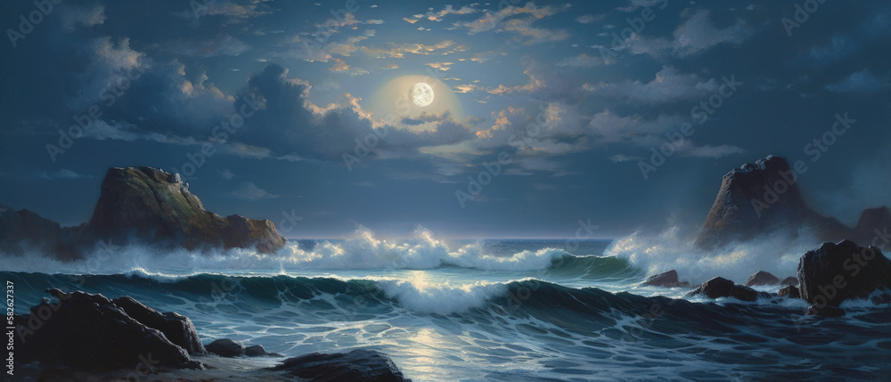 Rocky shore seascape with unspoiled sandy beach, quiet calm late night milky way stars sky and clouds, gentle ocean waves, illuminated by the moon, panoramic widescreen view - generative AI - obrazy, fototapety, plakaty 