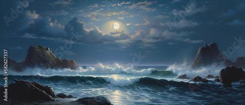 Rocky shore seascape with unspoiled sandy beach, quiet calm late night milky way stars sky and clouds, gentle ocean waves, illuminated by the moon, panoramic widescreen view - generative AI photo