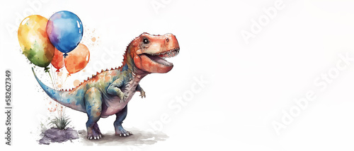Watercolor illustration of cute dinosaur with colorful balloons. Greeting birthday card,  poster, banner for children. White background, copy space. AI generated
