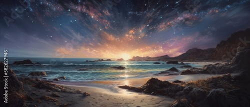 Rocky shore seascape with unspoiled sandy beach, quiet calm golden hour sunset dusk sky and clouds, gentle ocean waves, fading sun, panoramic widescreen view - generative AI © SoulMyst