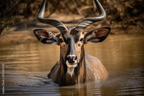 An image of a nayala taken in South Africa near a watering hole. Generative AI photo