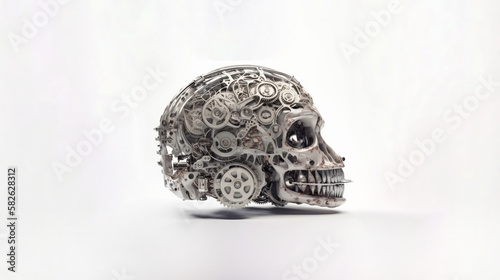 Slightly weathered intricate skull with teeth, on white background. Made from clock gears and components. Artificial Intelligence, robot intelligence. Generative AI.